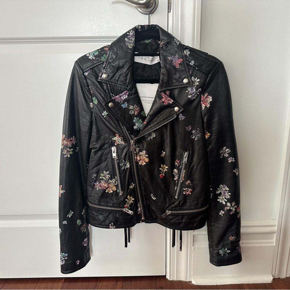 IRO Black Leather Jacket with Floral Embroidery